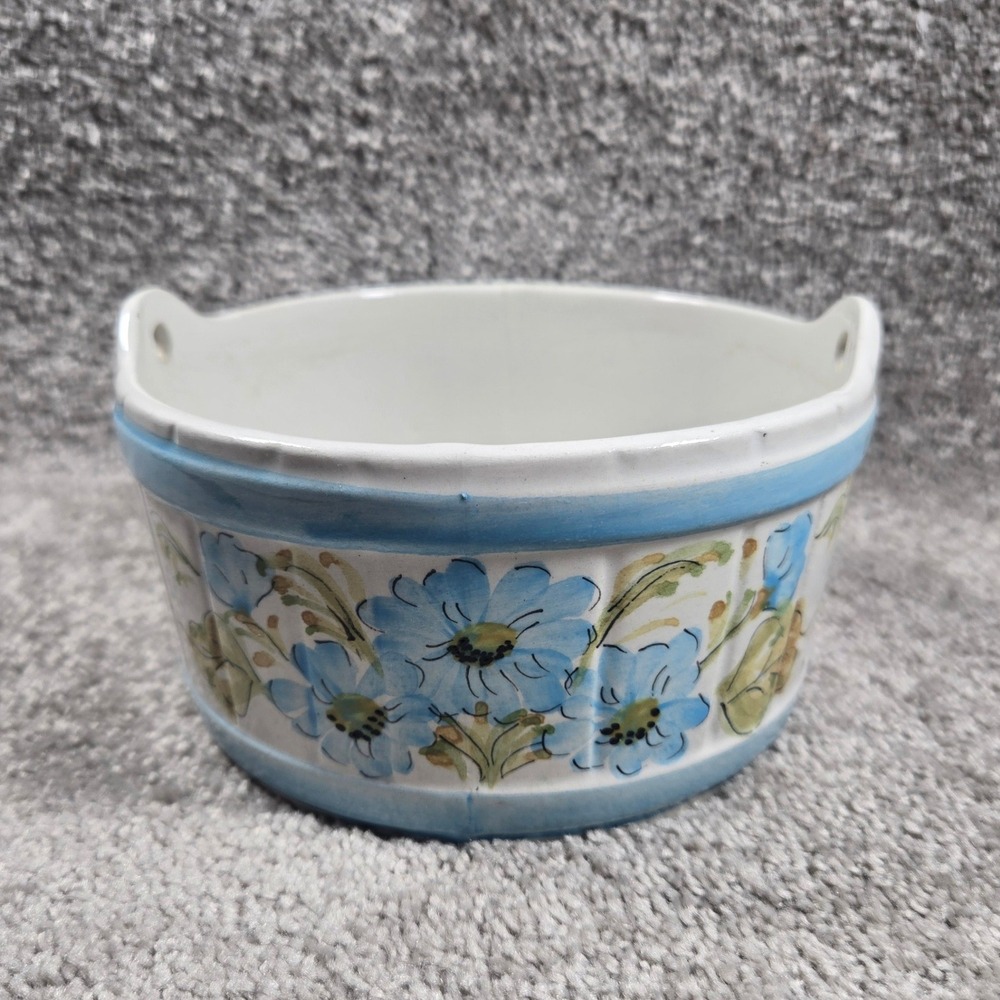 Secla FTDA Planter Blue Floral Hand Painted Ceramic Portugal‎ Vintage 1980